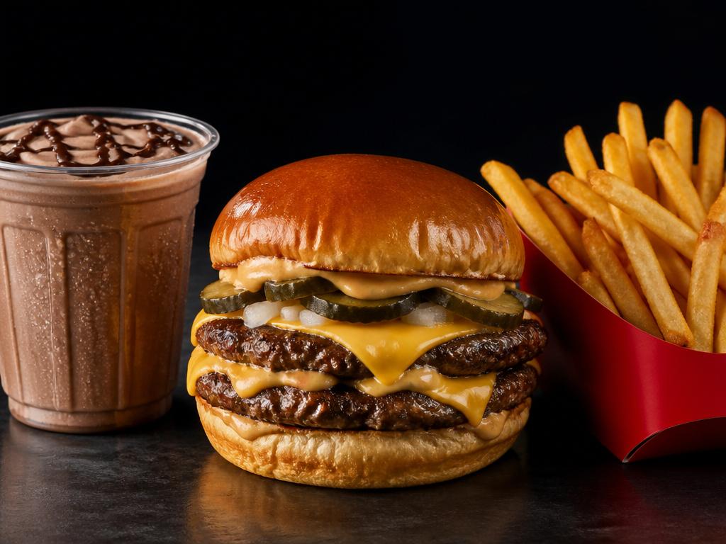 Combo com hambúrguer, batatas e milk-shake